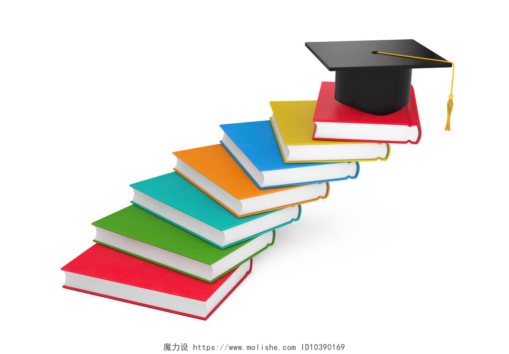 白色背景上的一摞书本毕业学术帽书作为阶梯。3d 渲染